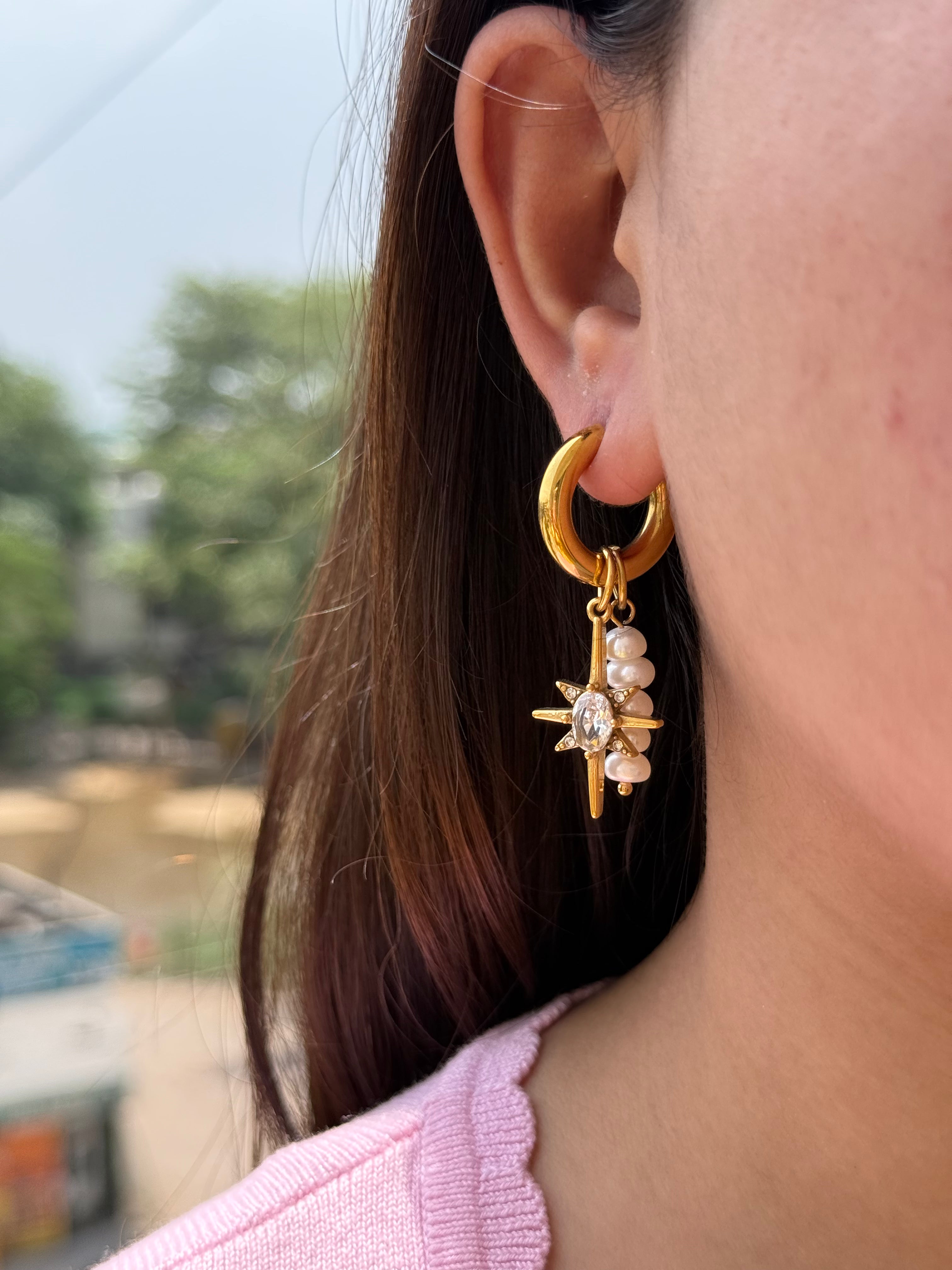 Charm Pearl and start 18k gold plated Earrings